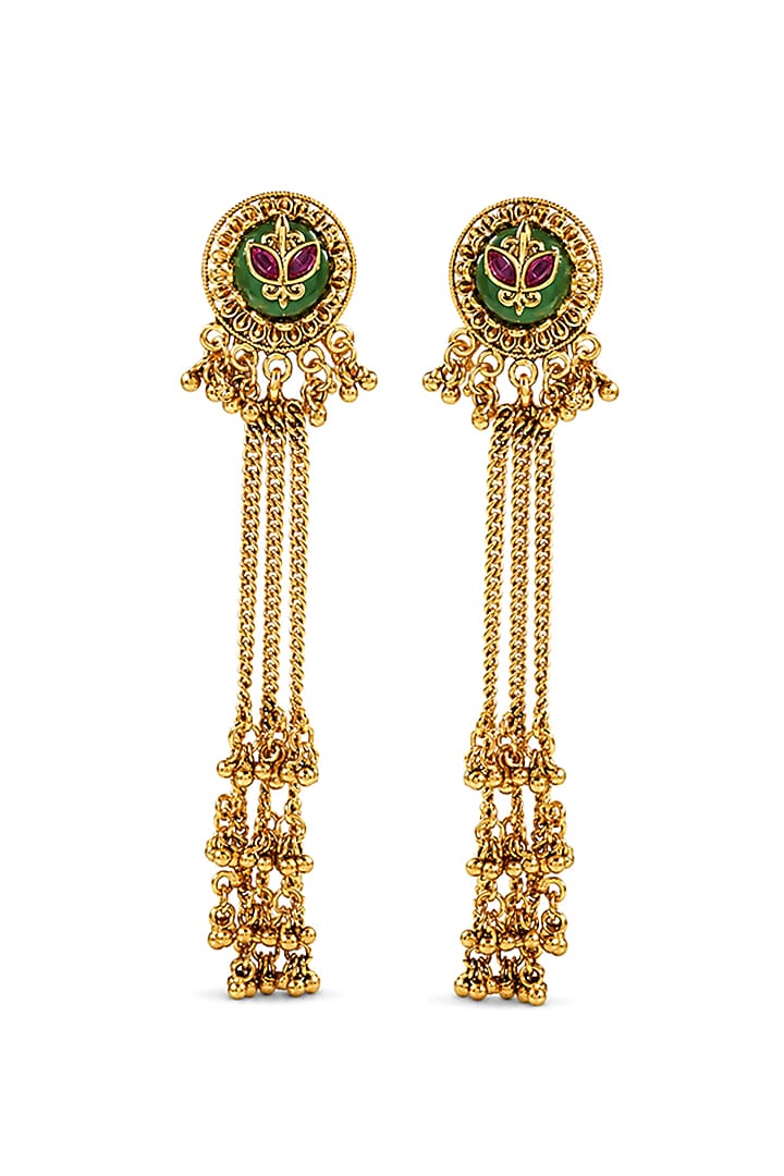 Antique Gold Finish Ruby Synthetic Stone Aqua Enameled Temple Dangler Earrings by Prestones at Pernia's Pop Up Shop