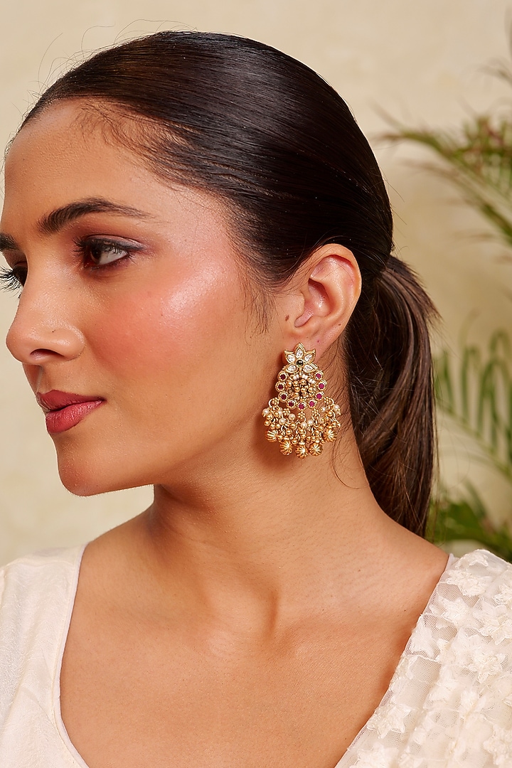 Antique Gold Finish Kundan Floral Motif & Green Stone Temple Dangler Earrings by Prestones at Pernia's Pop Up Shop