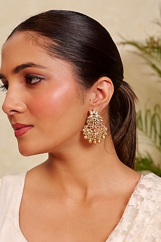 Antique Gold Finish Kundan Floral Motif & Green Stone Temple Dangler Earrings by Prestones