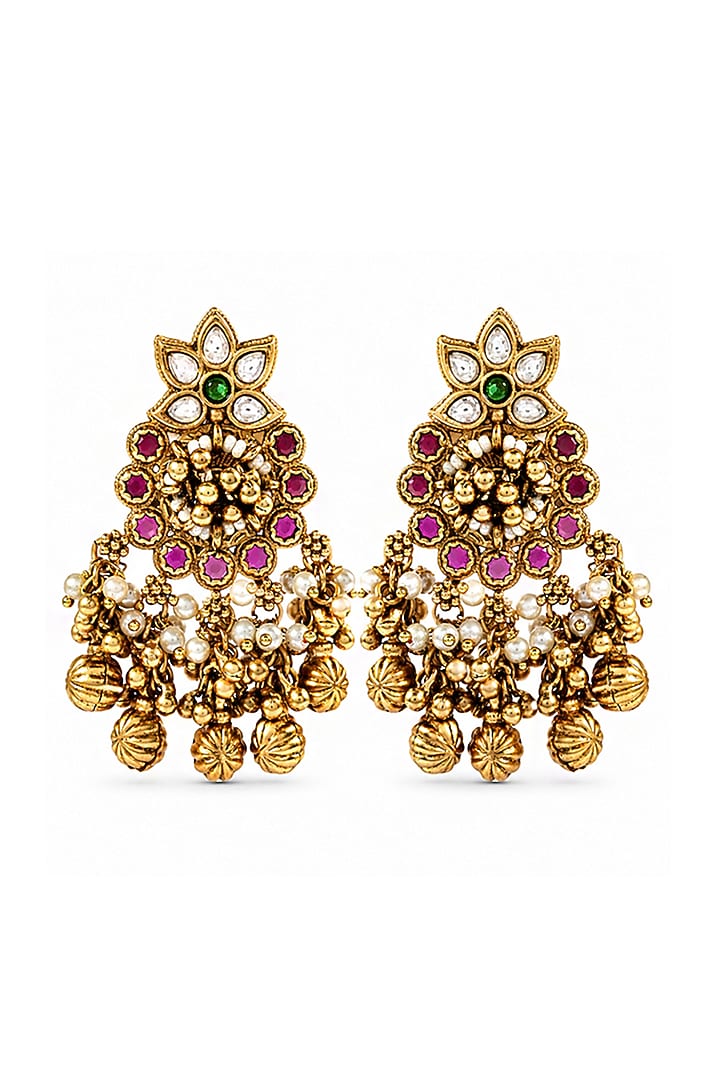 Antique Gold Finish Kundan Floral Motif & Green Stone Temple Dangler Earrings by Prestones at Pernia's Pop Up Shop