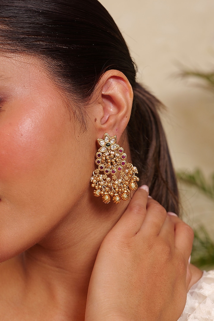 Antique Gold Finish Kundan Floral Motif & Green Stone Temple Dangler Earrings by Prestones at Pernia's Pop Up Shop