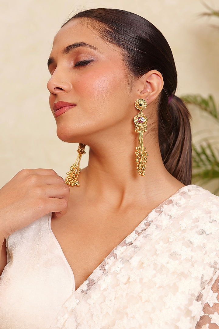 Antique Gold Finish Ruby Synthetic Stone & Kundan Polki Temple Tassel Earrings by Prestones at Pernia's Pop Up Shop