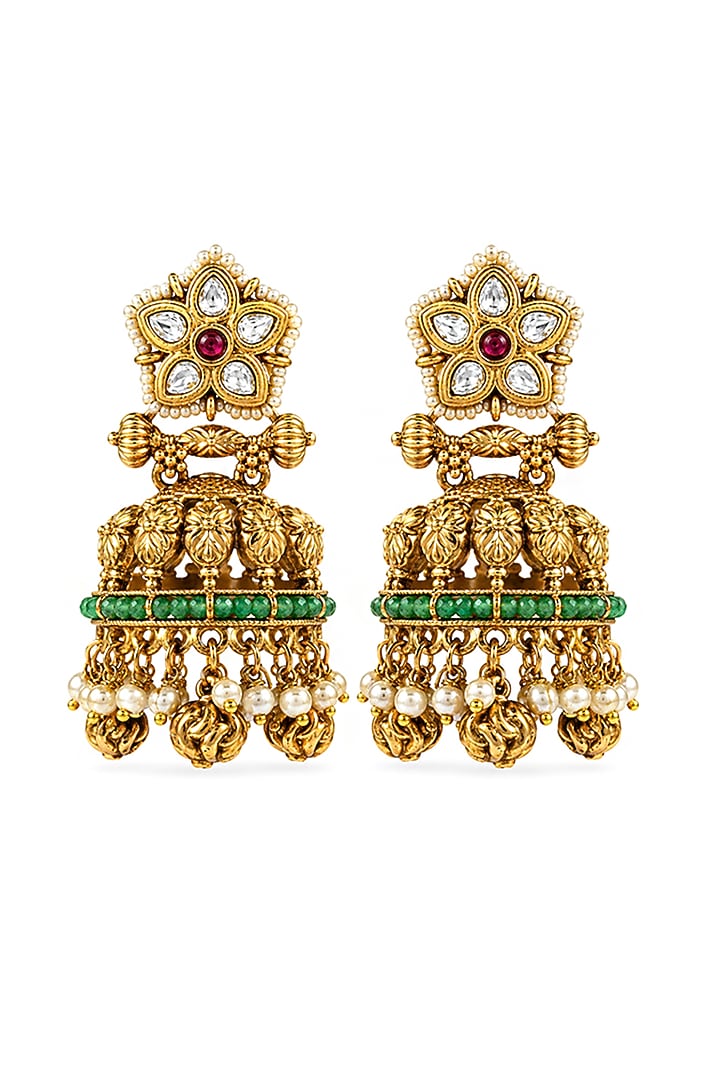 Antique Gold Finish Synthetic Ruby & Emerald Beaded Temple Jhumka Earrings by Prestones at Pernia's Pop Up Shop