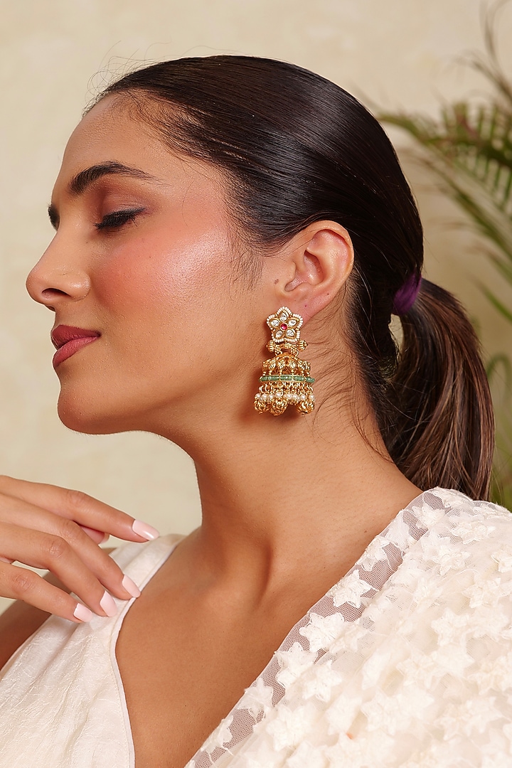 Antique Gold Finish Synthetic Ruby & Emerald Beaded Temple Jhumka Earrings by Prestones at Pernia's Pop Up Shop