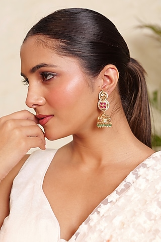 Antique Gold Finish Synthetic Ruby & Green Stone Temple Jhumka Earrings by Prestones