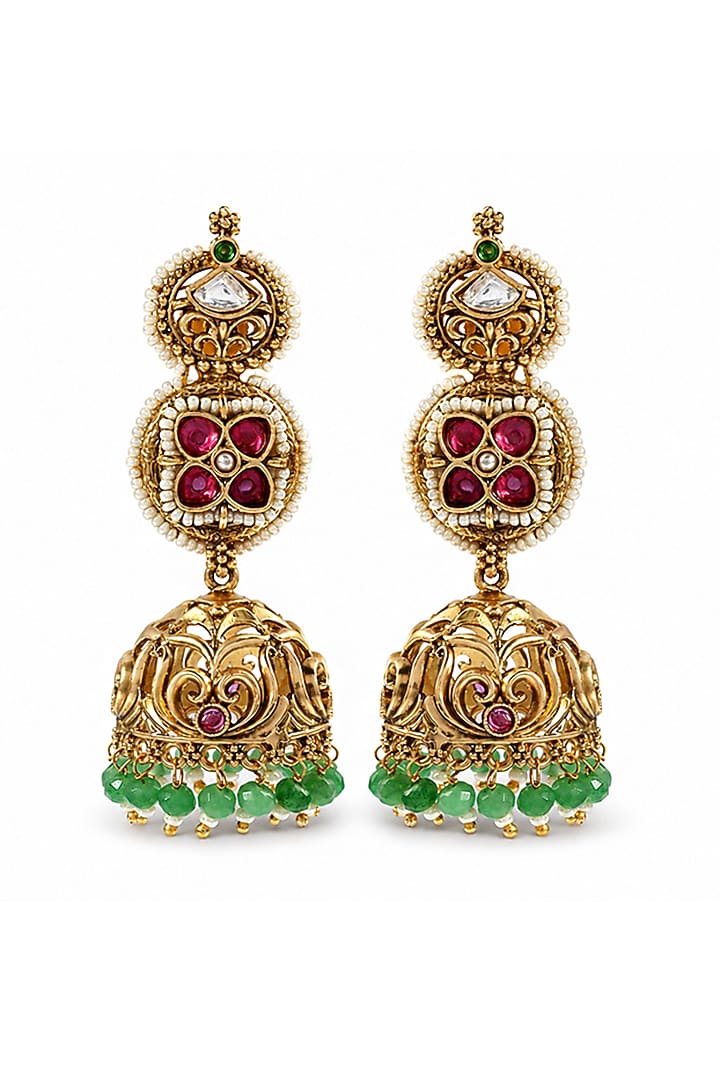 Antique Gold Finish Synthetic Ruby & Green Stone Temple Jhumka Earrings by Prestones at Pernia's Pop Up Shop