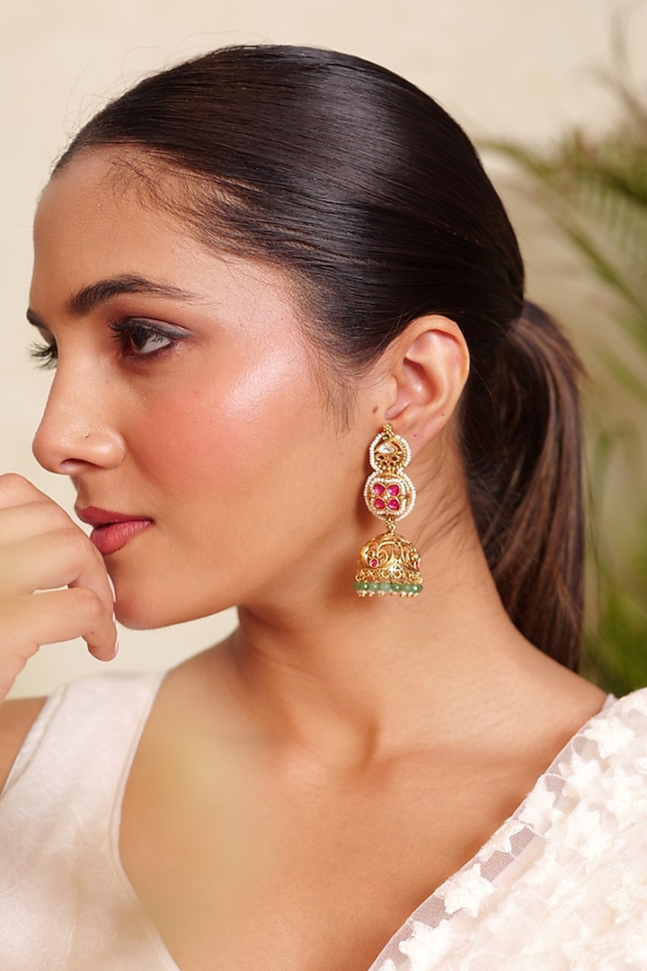 Antique Gold Finish Synthetic Ruby & Green Stone Temple Jhumka Earrings by Prestones at Pernia's Pop Up Shop