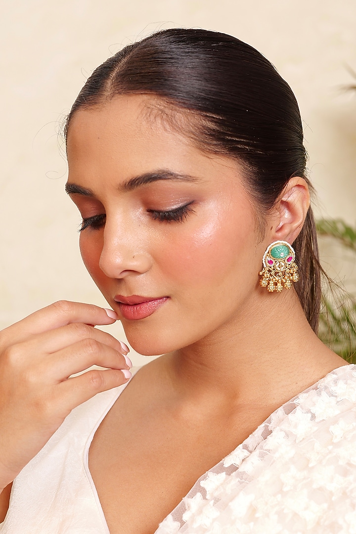 Antique Gold Finish Emerald & Ruby Synthetic Stone Temple Stud Earrings by Prestones at Pernia's Pop Up Shop
