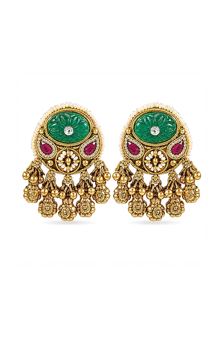 Antique Gold Finish Emerald & Ruby Synthetic Stone Temple Stud Earrings by Prestones at Pernia's Pop Up Shop