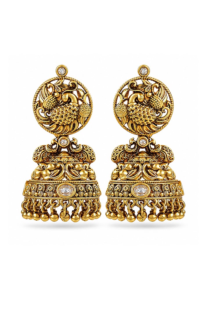 Antique Gold Finish Kundan Polki & Pearl Temple Jhumka Earrings by Prestones at Pernia's Pop Up Shop