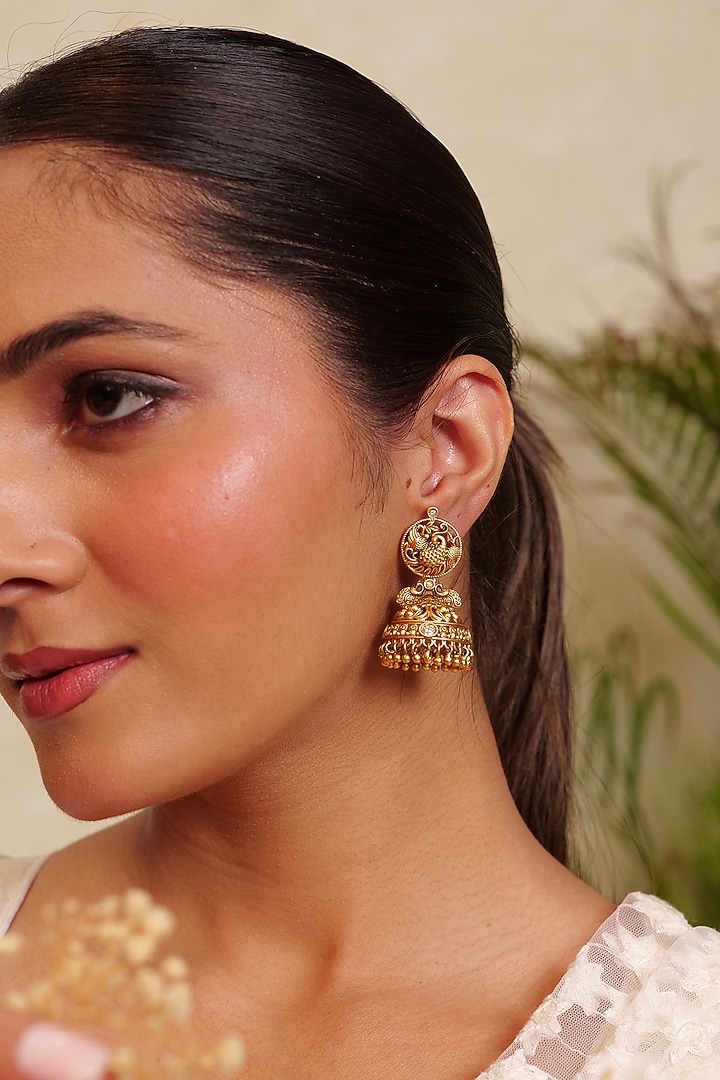 Antique Gold Finish Kundan Polki & Pearl Temple Jhumka Earrings by Prestones at Pernia's Pop Up Shop