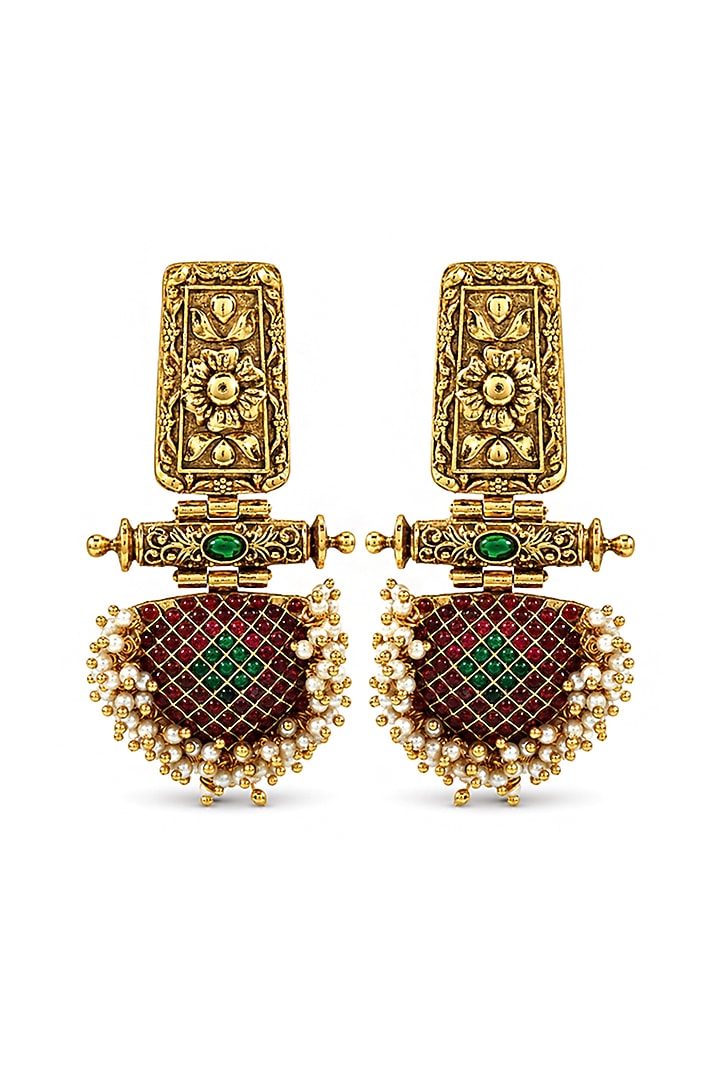 Antique Gold Finish Ruby & Pearl Meenakari Temple Dangler Earrings by Prestones at Pernia's Pop Up Shop
