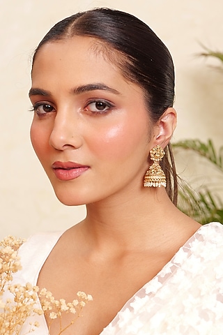 Antique Gold Finish Kundan Polki & Pearl Drop Temple Jhumka Earrings by Prestones