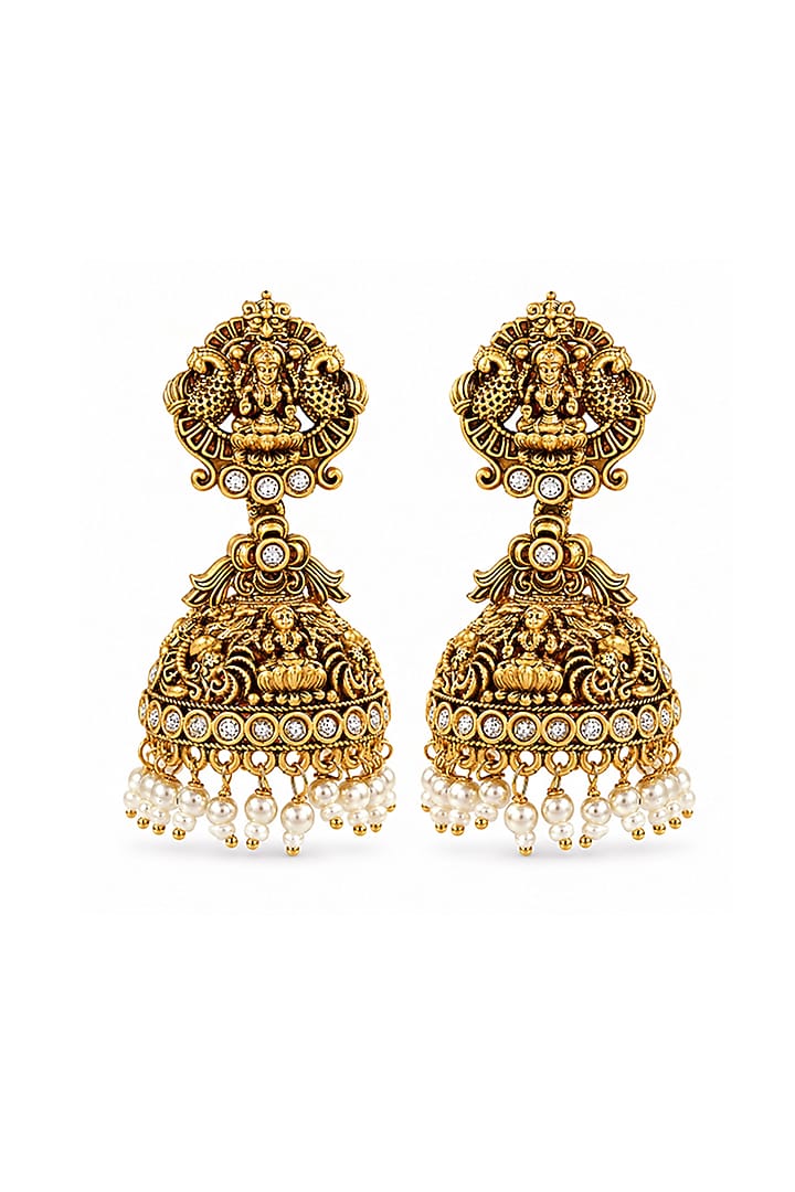 Antique Gold Finish Kundan Polki & Pearl Drop Temple Jhumka Earrings by Prestones at Pernia's Pop Up Shop