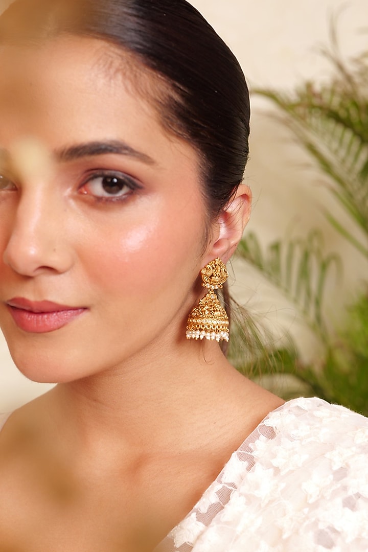 Antique Gold Finish Kundan Polki & Pearl Drop Temple Jhumka Earrings by Prestones at Pernia's Pop Up Shop