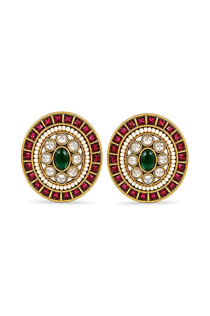 Antique Gold Finish Emerald & Kundan Polki Circular Temple Stud Earrings by Prestones at Pernia's Pop Up Shop