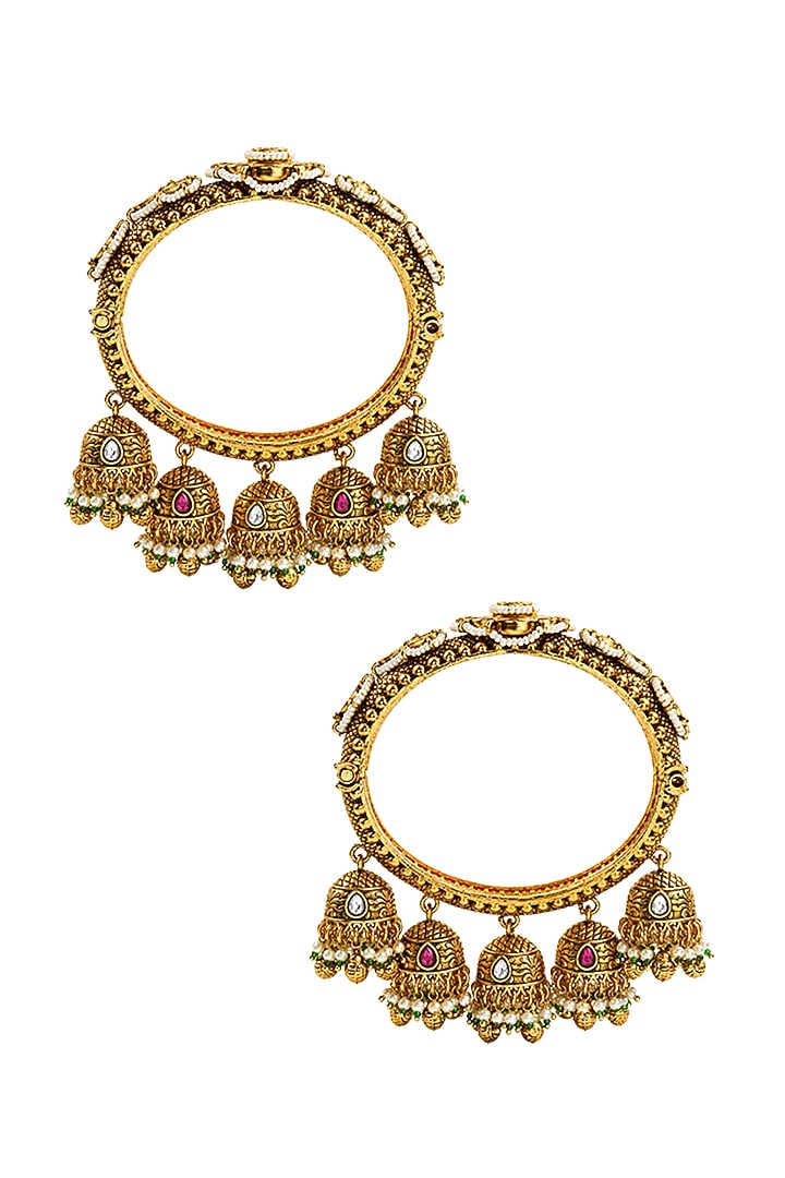 Antique Gold Finish Kundan Polki & Ruby Stone Temple Bangles (Set Of 2) by Prestones at Pernia's Pop Up Shop