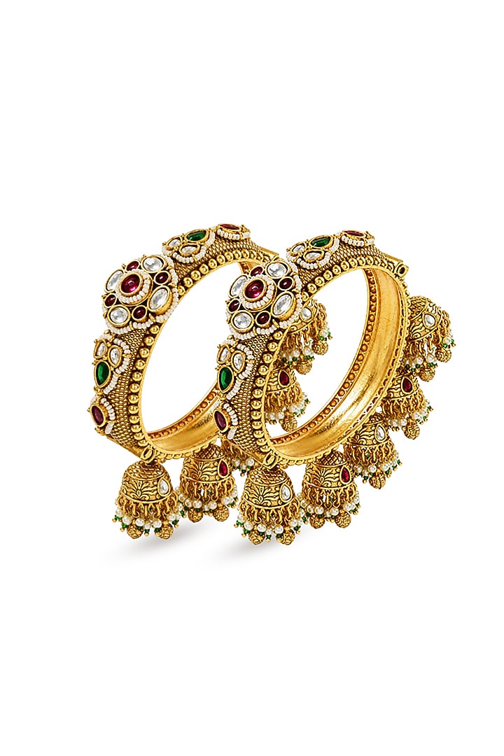 Antique Gold Finish Kundan Polki & Ruby Stone Temple Bangles (Set Of 2) by Prestones at Pernia's Pop Up Shop