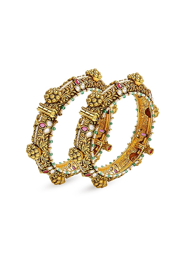 Antique Gold Finish Kundan Polki Filigree Jaal Work Temple Bangle (Set Of 2) by Prestones at Pernia's Pop Up Shop