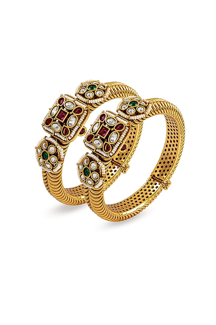 Antique Gold Finish Kundan Polki & Pearl Temple Bangle (Set Of 2) by Prestones at Pernia's Pop Up Shop