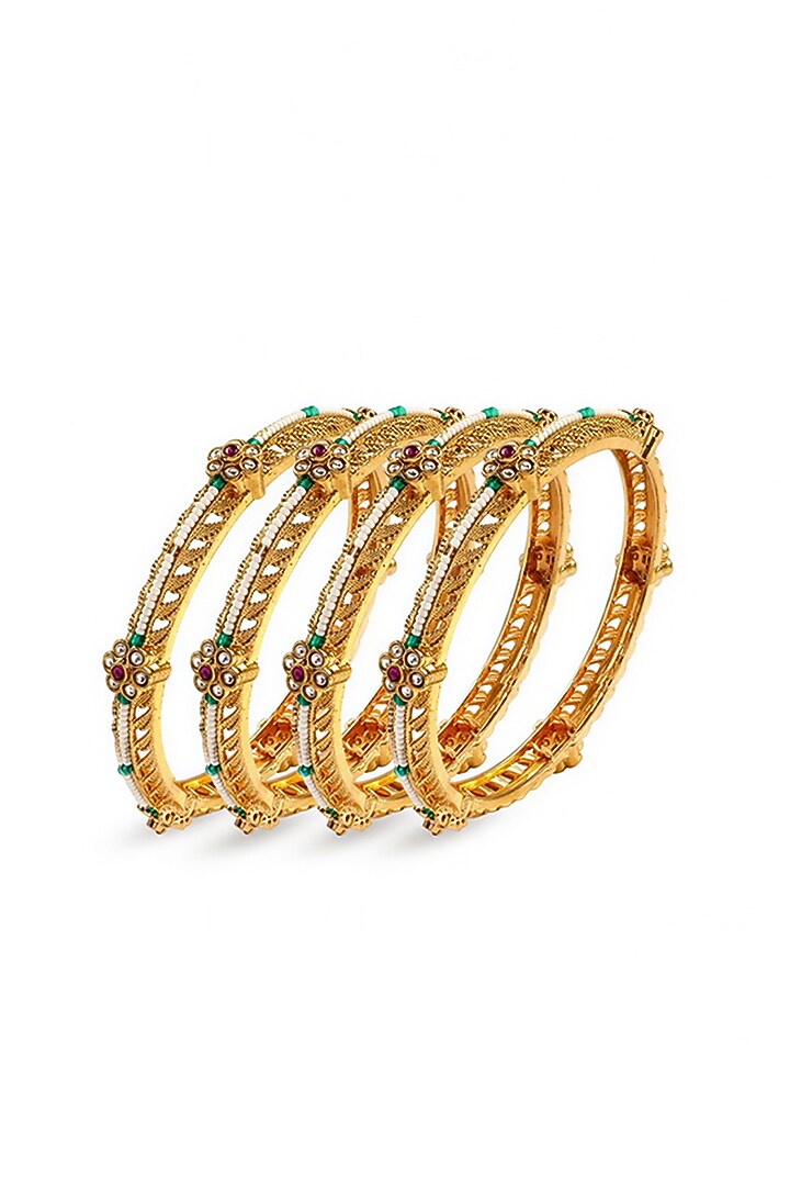Antique Gold Finish Floral Kundan Polki & Pearl Temple Bangle (Set Of 4) by Prestones at Pernia's Pop Up Shop