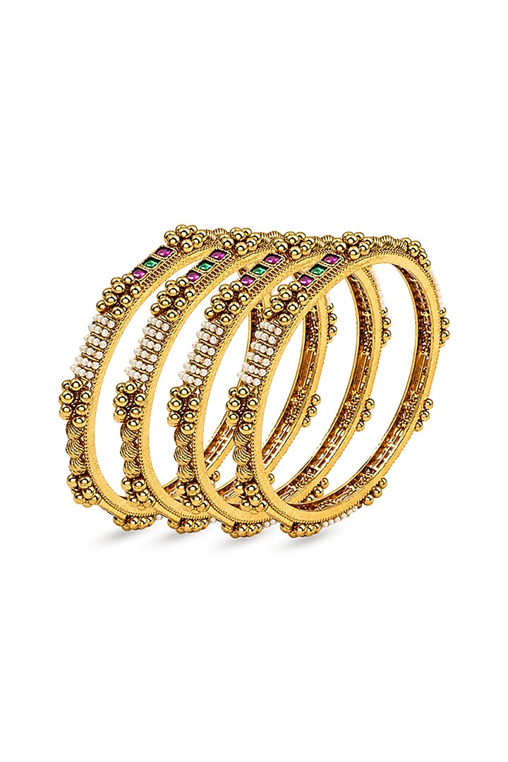 Antique Gold Finish Floral Motifs Textured Temple Bangle (Set Of 4) by Prestones at Pernia's Pop Up Shop