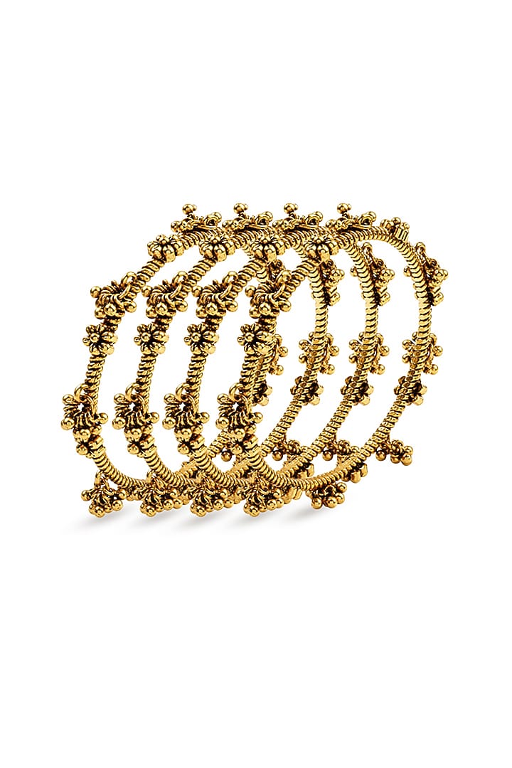 Antique Gold Finish Ruby & Emerald Stone Temple Bangle (Set Of 4) by Prestones at Pernia's Pop Up Shop