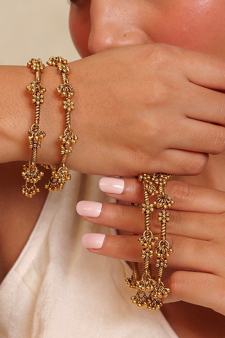 Antique Gold Finish Ruby & Emerald Stone Temple Bangle (Set Of 4) by Prestones at Pernia's Pop Up Shop