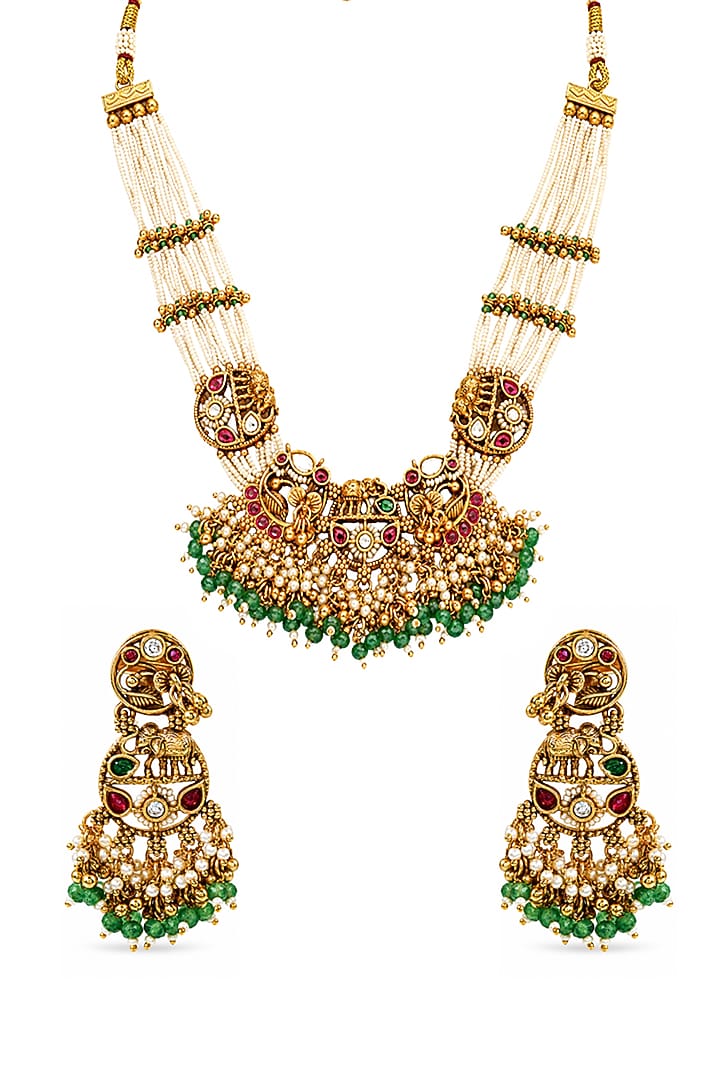 Antique Gold Finish Kundan Polki & Pearl Temple Choker Necklace Set by Prestones at Pernia's Pop Up Shop