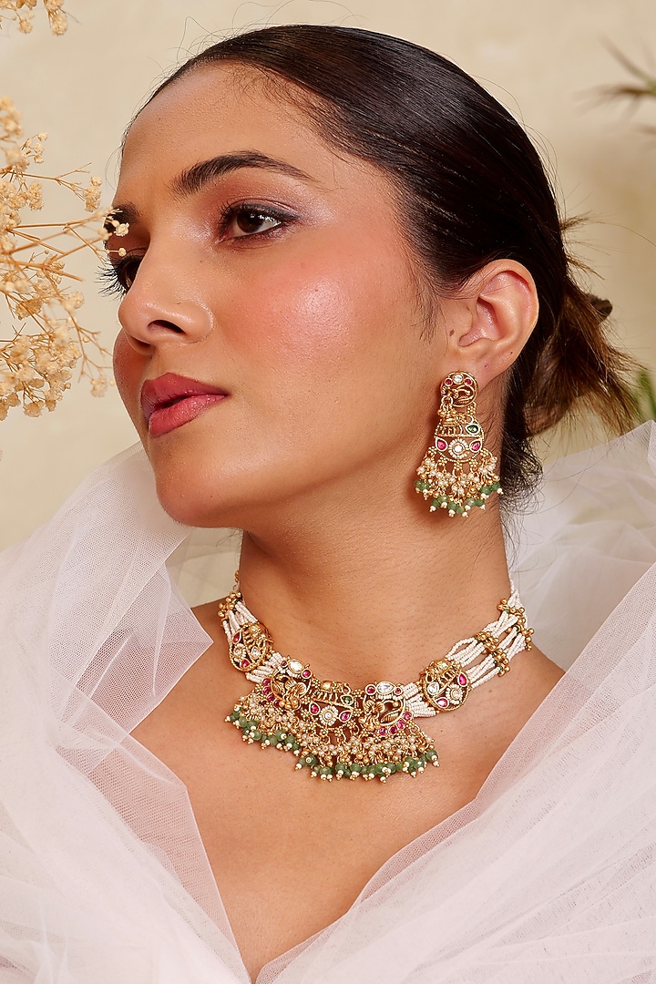 Antique Gold Finish Kundan Polki & Pearl Temple Choker Necklace Set by Prestones at Pernia's Pop Up Shop