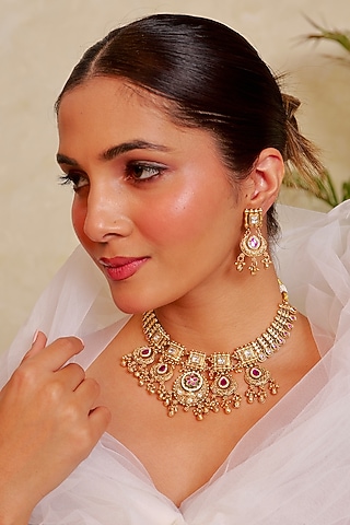 Antique Gold Finish Kundan Polki & Ruby Stone Temple Choker Necklace Set by Prestones