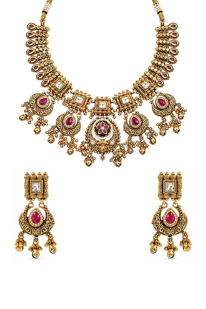 Antique Gold Finish Kundan Polki & Ruby Stone Temple Choker Necklace Set by Prestones at Pernia's Pop Up Shop