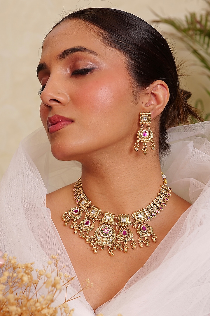 Antique Gold Finish Kundan Polki & Ruby Stone Temple Choker Necklace Set by Prestones at Pernia's Pop Up Shop
