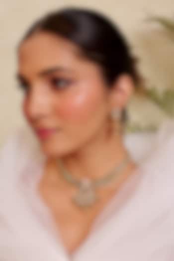 Antique Gold Finish Kundan Polki & Pearl Temple Jadau Pendant Necklace Set by Prestones at Pernia's Pop Up Shop