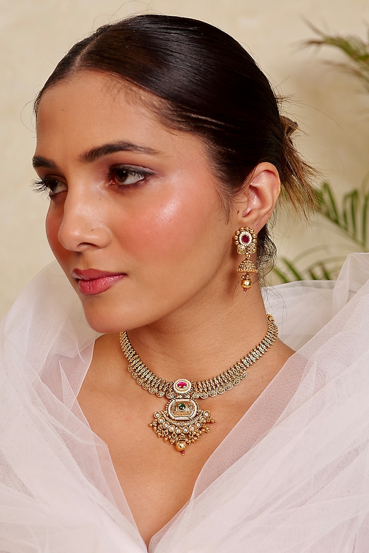 Antique Gold Finish Kundan Polki & Pearl Temple Jadau Pendant Necklace Set by Prestones at Pernia's Pop Up Shop