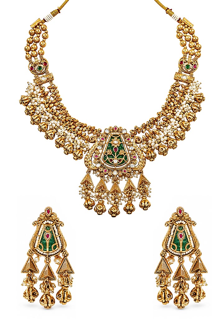 Antique Gold Finish Kundan Polki Green Enameled Temple Long Necklace Set by Prestones at Pernia's Pop Up Shop