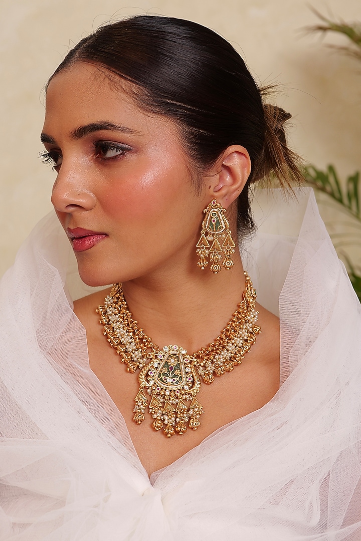 Antique Gold Finish Kundan Polki Green Enameled Temple Long Necklace Set by Prestones at Pernia's Pop Up Shop