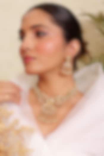 Antique Gold Finish Kundan Polki & Pearl Temple Long Necklace Set by Prestones at Pernia's Pop Up Shop