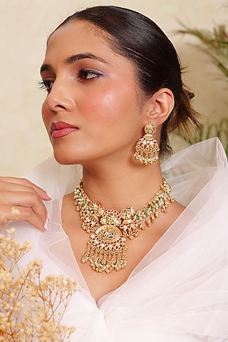 Antique Gold Finish Kundan Polki & Pearl Temple Long Necklace Set by Prestones