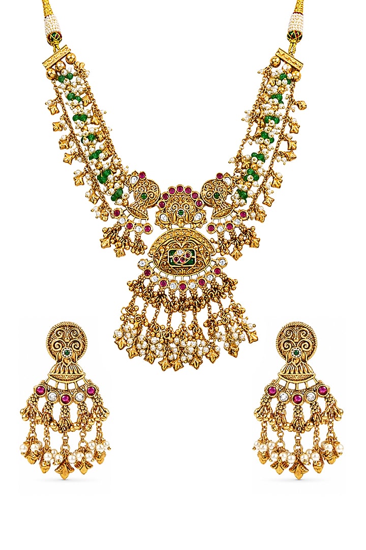Antique Gold Finish Kundan Polki & Pearl Temple Long Necklace Set by Prestones at Pernia's Pop Up Shop