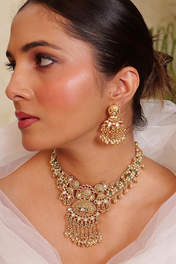 Antique Gold Finish Kundan Polki & Pearl Temple Long Necklace Set by Prestones at Pernia's Pop Up Shop