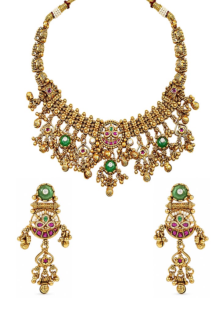 Antique Gold Finish Kundan Polki Textured Temple Choker Necklace Set by Prestones at Pernia's Pop Up Shop