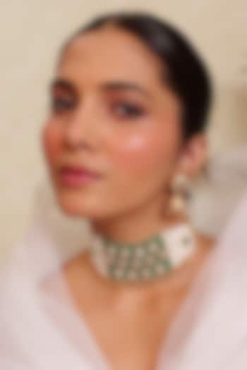 Antique Gold Finish Pearl & Emerald Stone Temple Nakshi Choker Necklace Set by Prestones at Pernia's Pop Up Shop