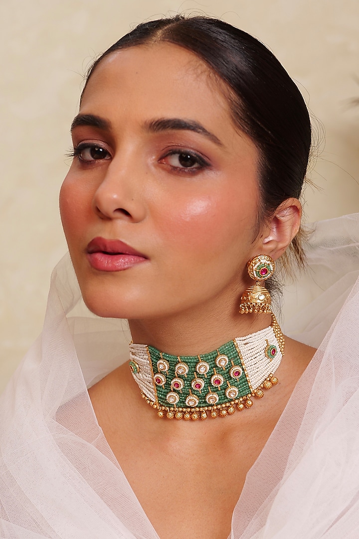 Antique Gold Finish Pearl & Emerald Stone Temple Nakshi Choker Necklace Set by Prestones at Pernia's Pop Up Shop