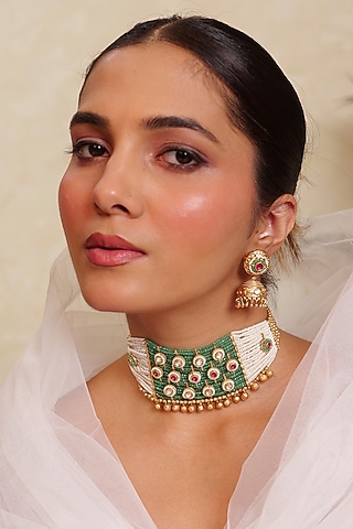 Antique Gold Finish Pearl & Emerald Stone Temple Nakshi Choker Necklace Set by Prestones