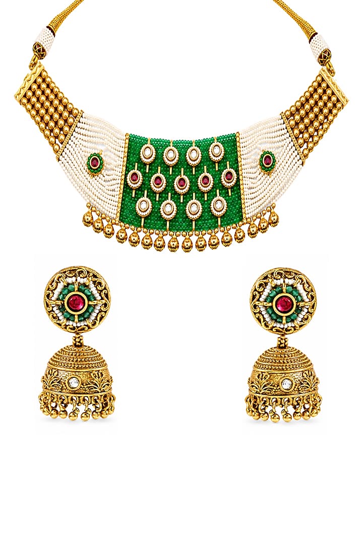 Antique Gold Finish Pearl & Emerald Stone Temple Nakshi Choker Necklace Set by Prestones at Pernia's Pop Up Shop