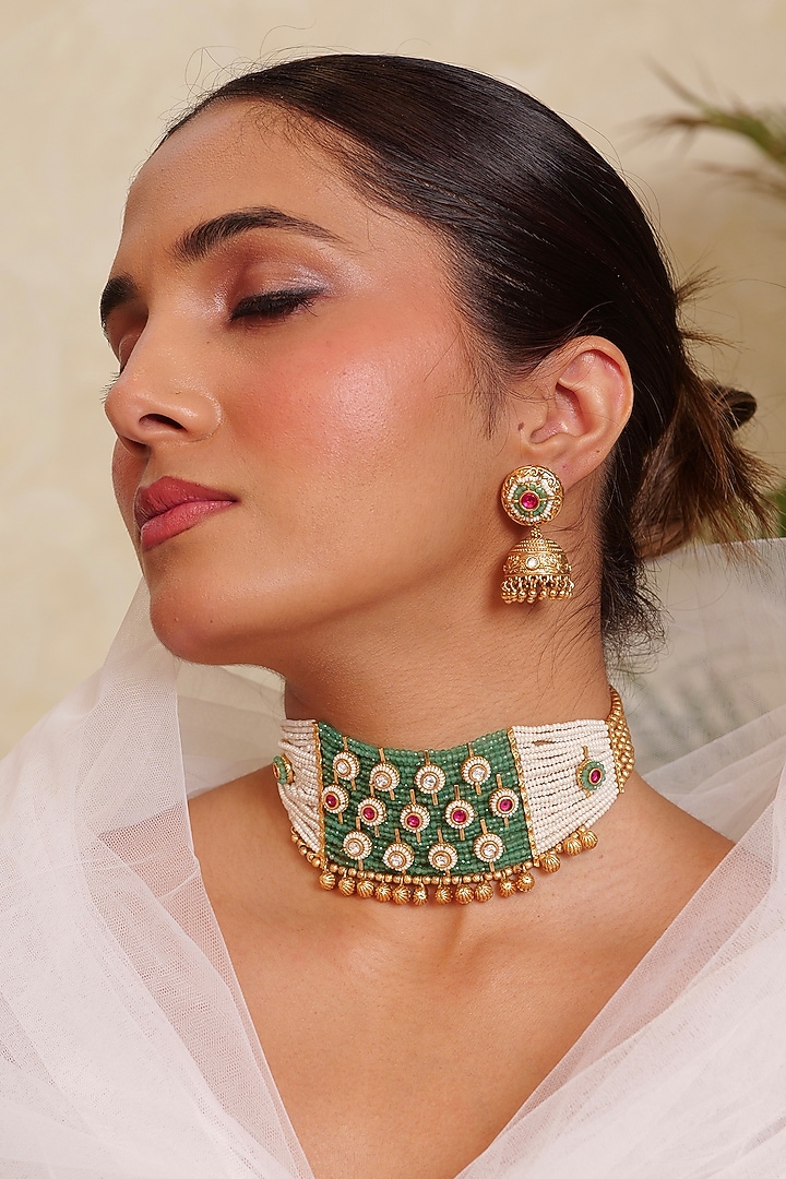 Antique Gold Finish Pearl & Emerald Stone Temple Nakshi Choker Necklace Set by Prestones at Pernia's Pop Up Shop
