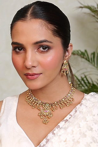 Antique Gold Finish Kundan Polki & Pearl Temple Choker Necklace Set by Prestones