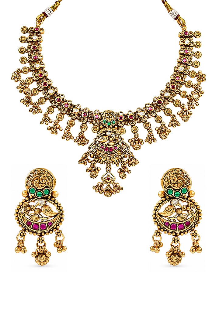Antique Gold Finish Kundan Polki & Pearl Temple Choker Necklace Set by Prestones at Pernia's Pop Up Shop