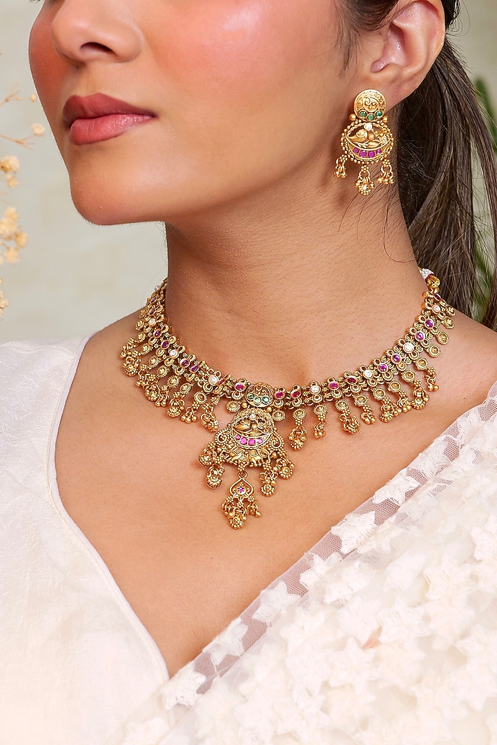 Antique Gold Finish Kundan Polki & Pearl Temple Choker Necklace Set by Prestones at Pernia's Pop Up Shop